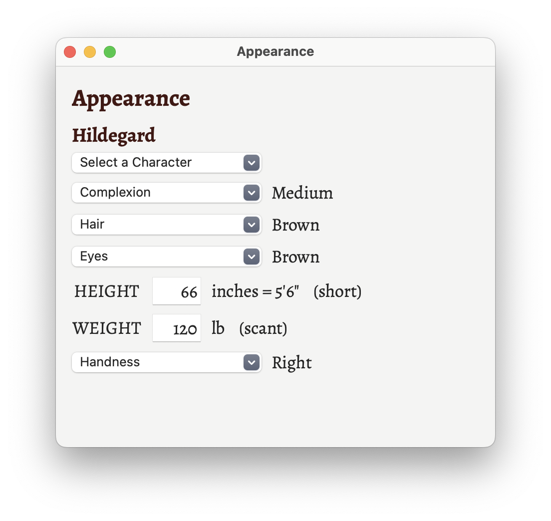 The appearance window with Hildegard loaded, before editing.