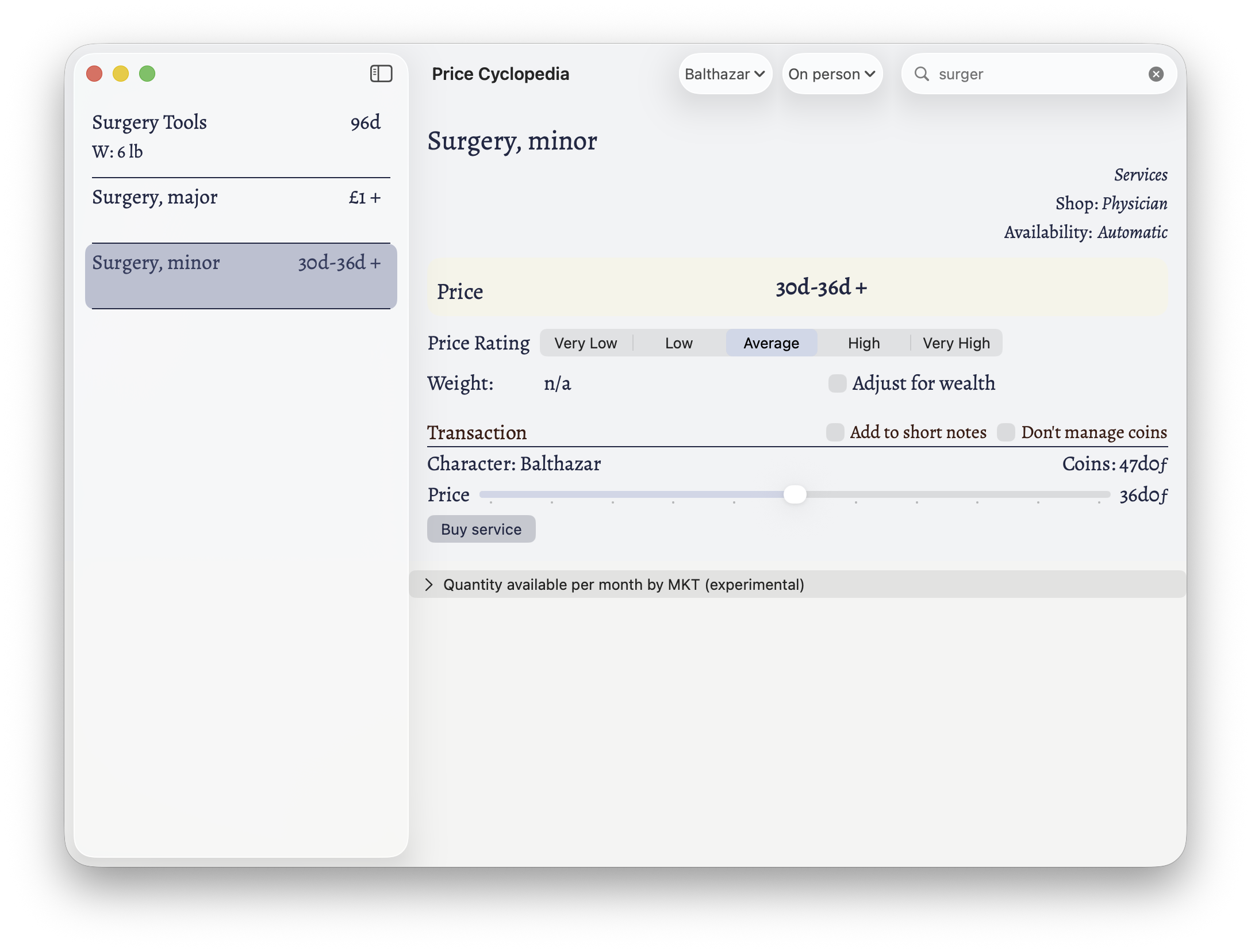 The Surgery service showing the slider for the price.