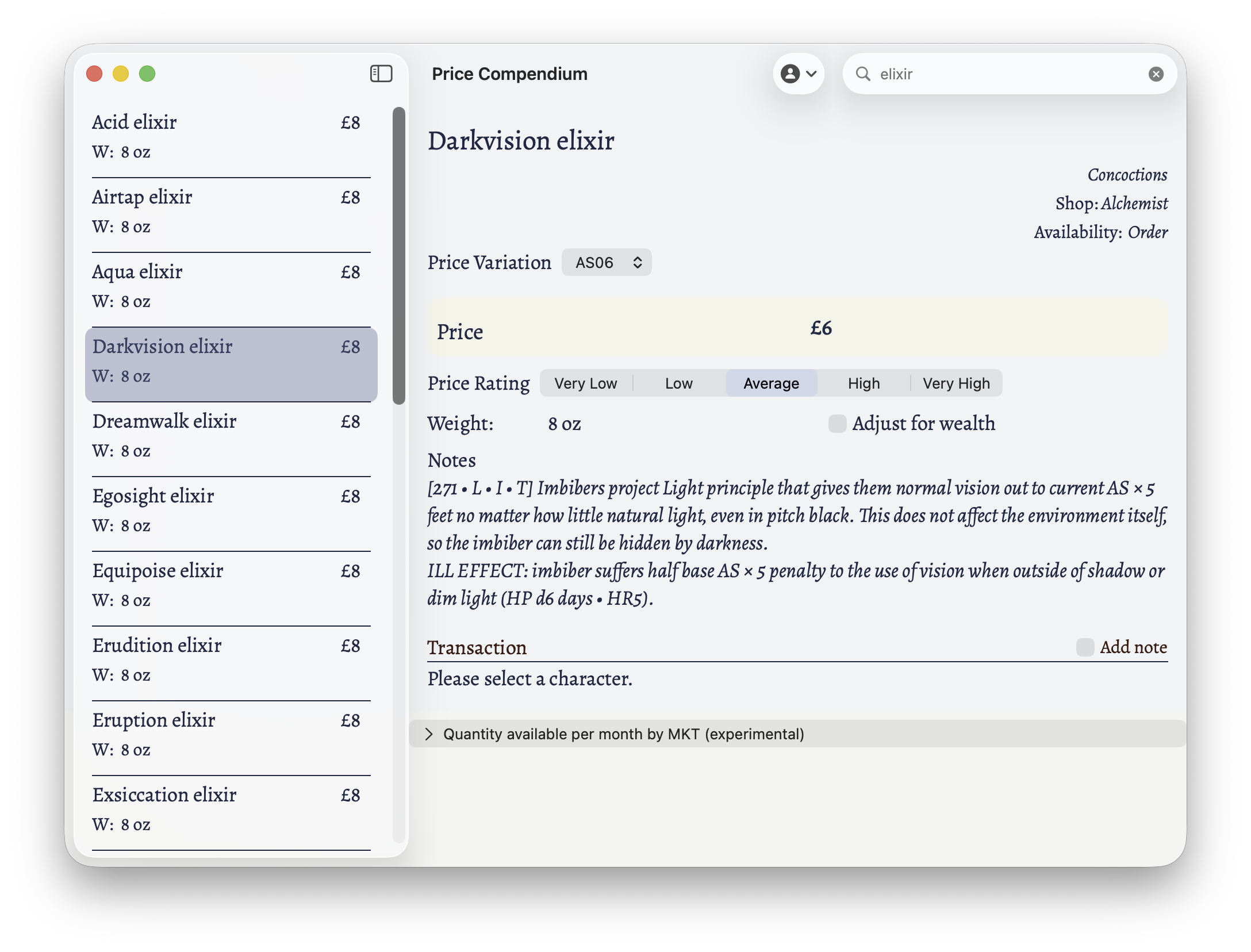 Search for Elixir returns a list. A Darkvision Elixir is selected.