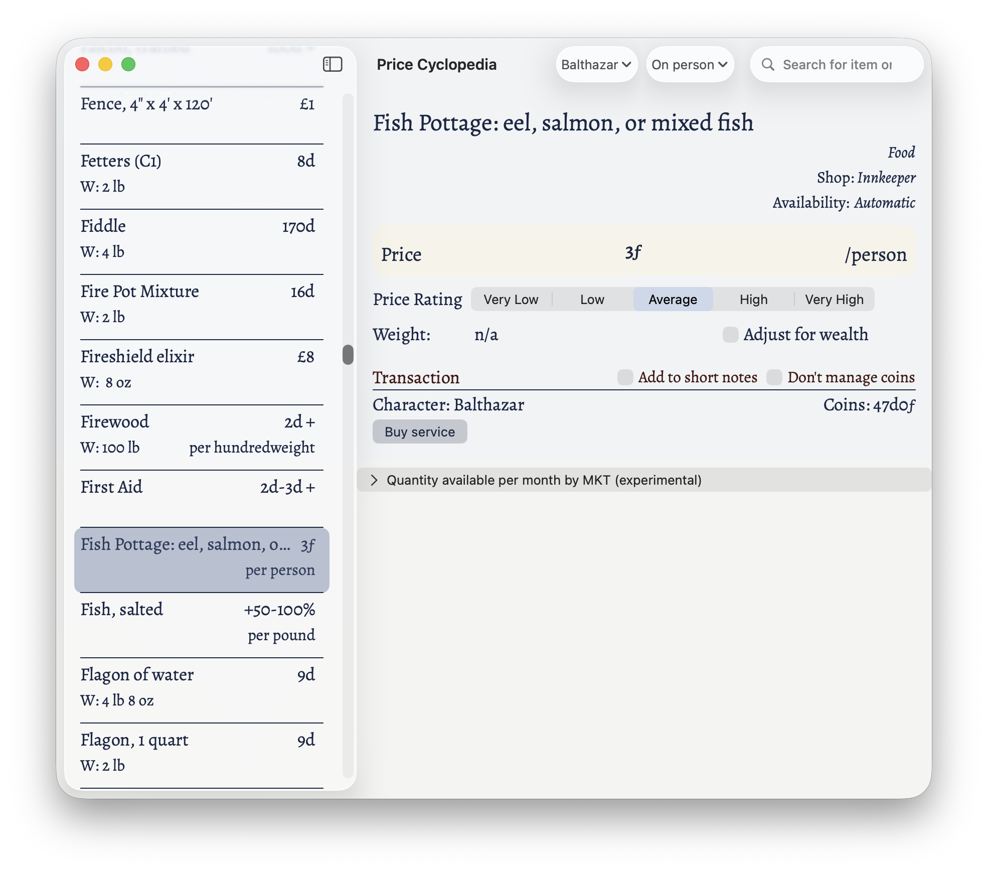 The price compendium window showing a character buying fish pottage in an inn.