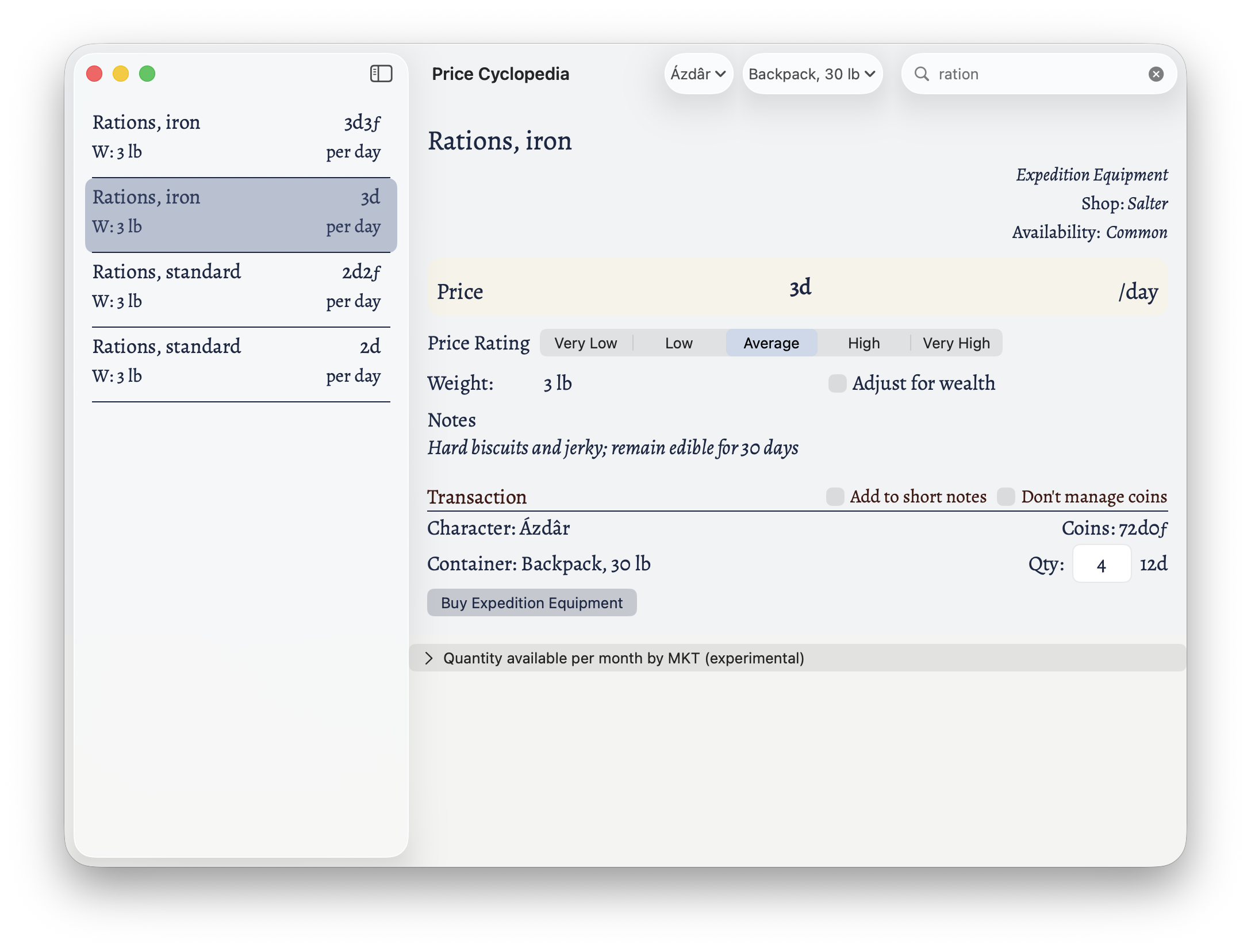 Azdar buying 4 days of rations.
