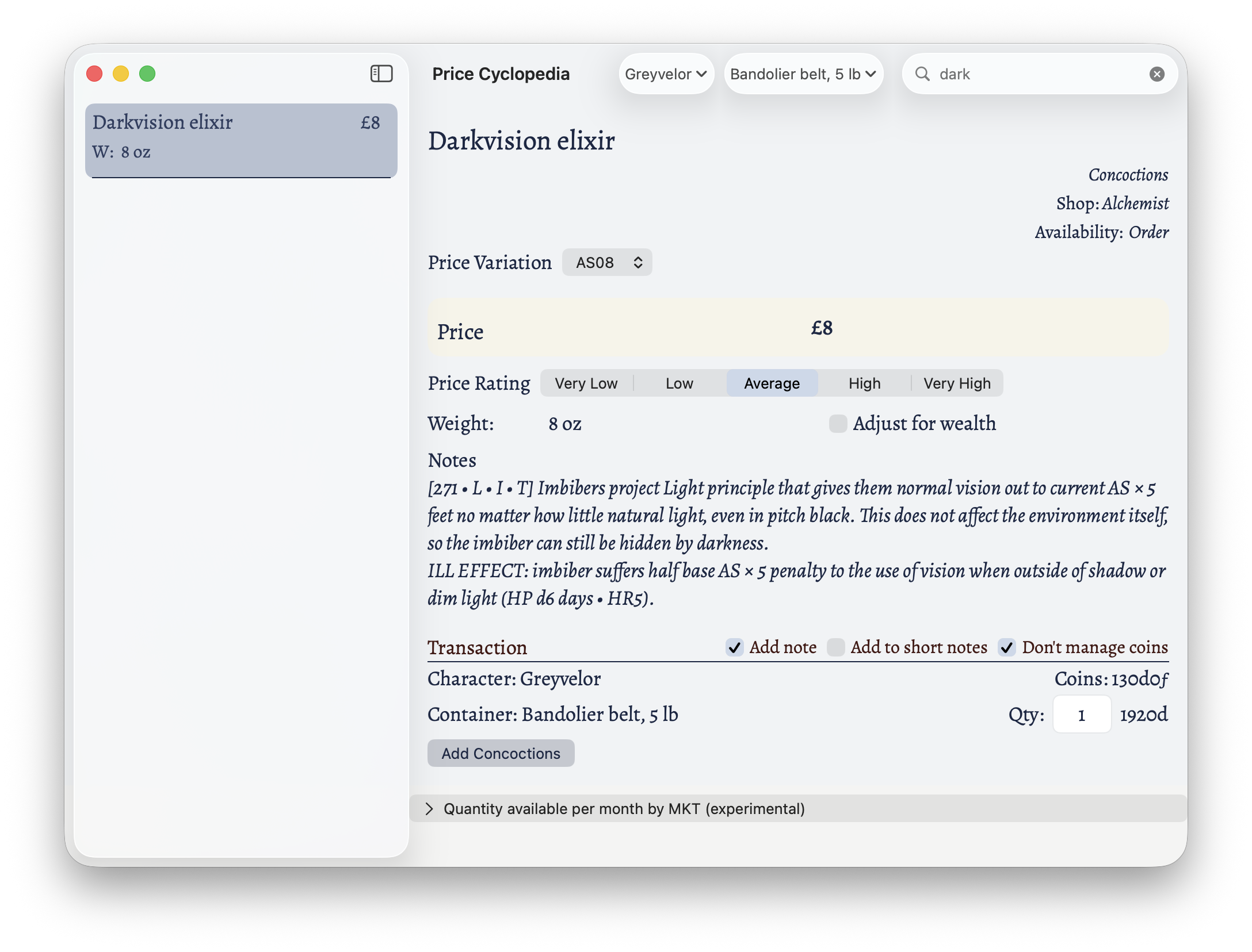 An alchemist adding a Dark Vision Elixir to his character sheet.