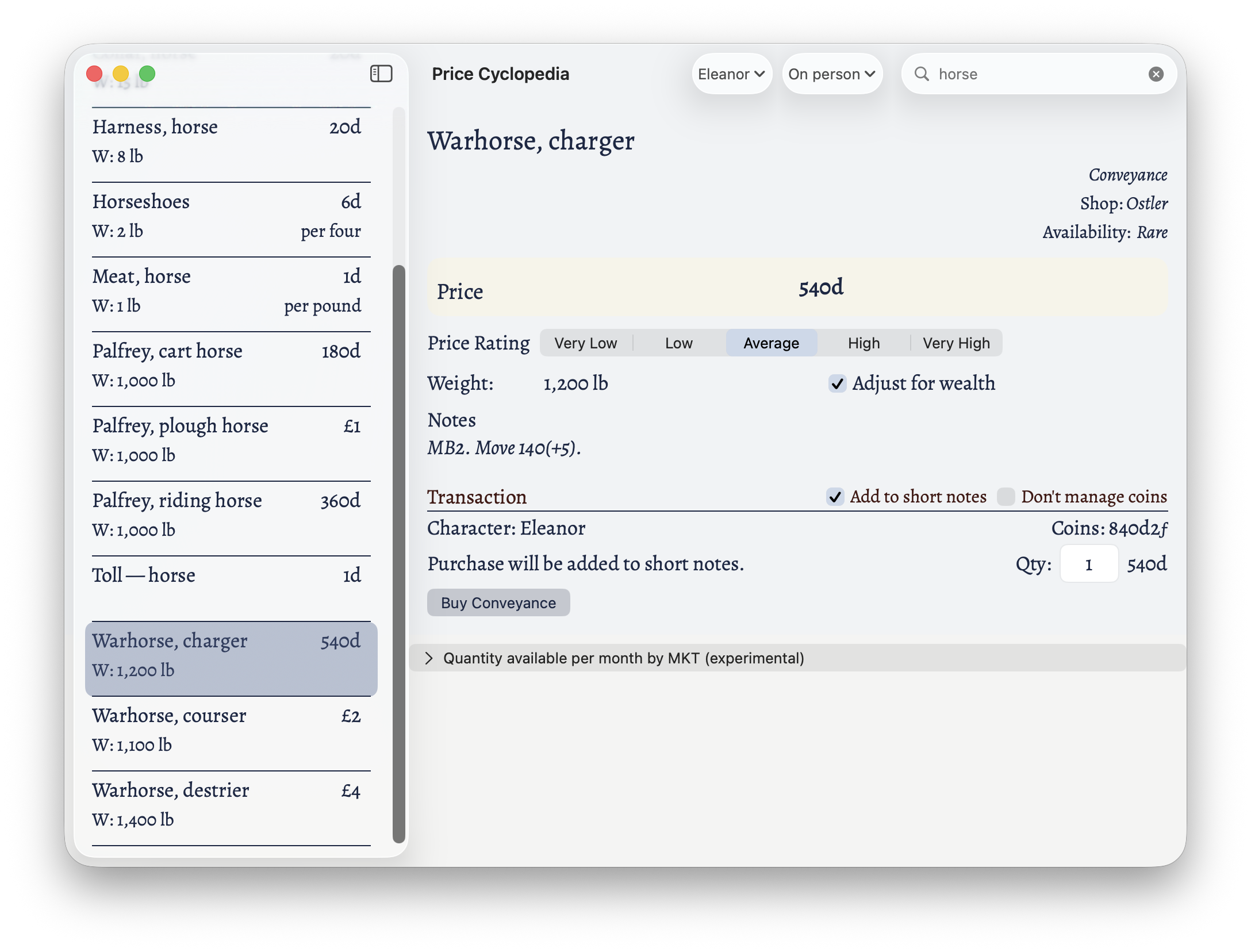 Eleanor buying a warhorse and adding a short note for it.