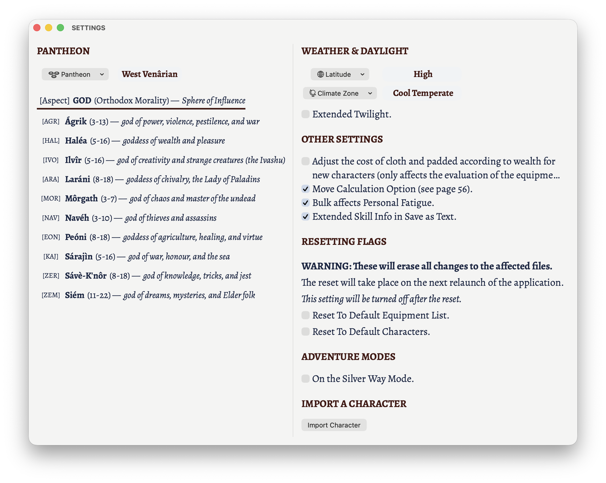 A view if the settings window