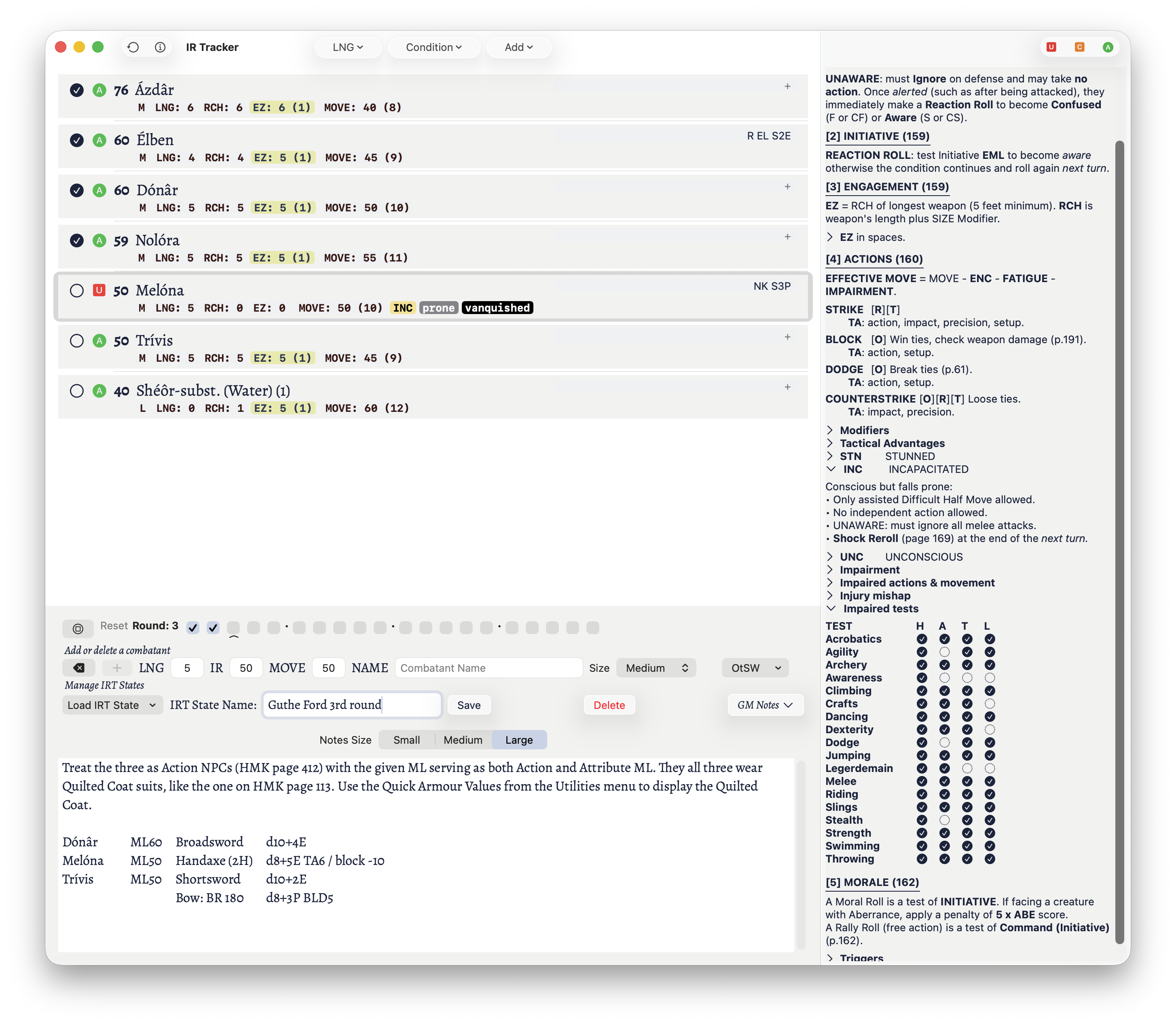An example of the Initiative Rating Tracker in use with a group in combat with garguns.
