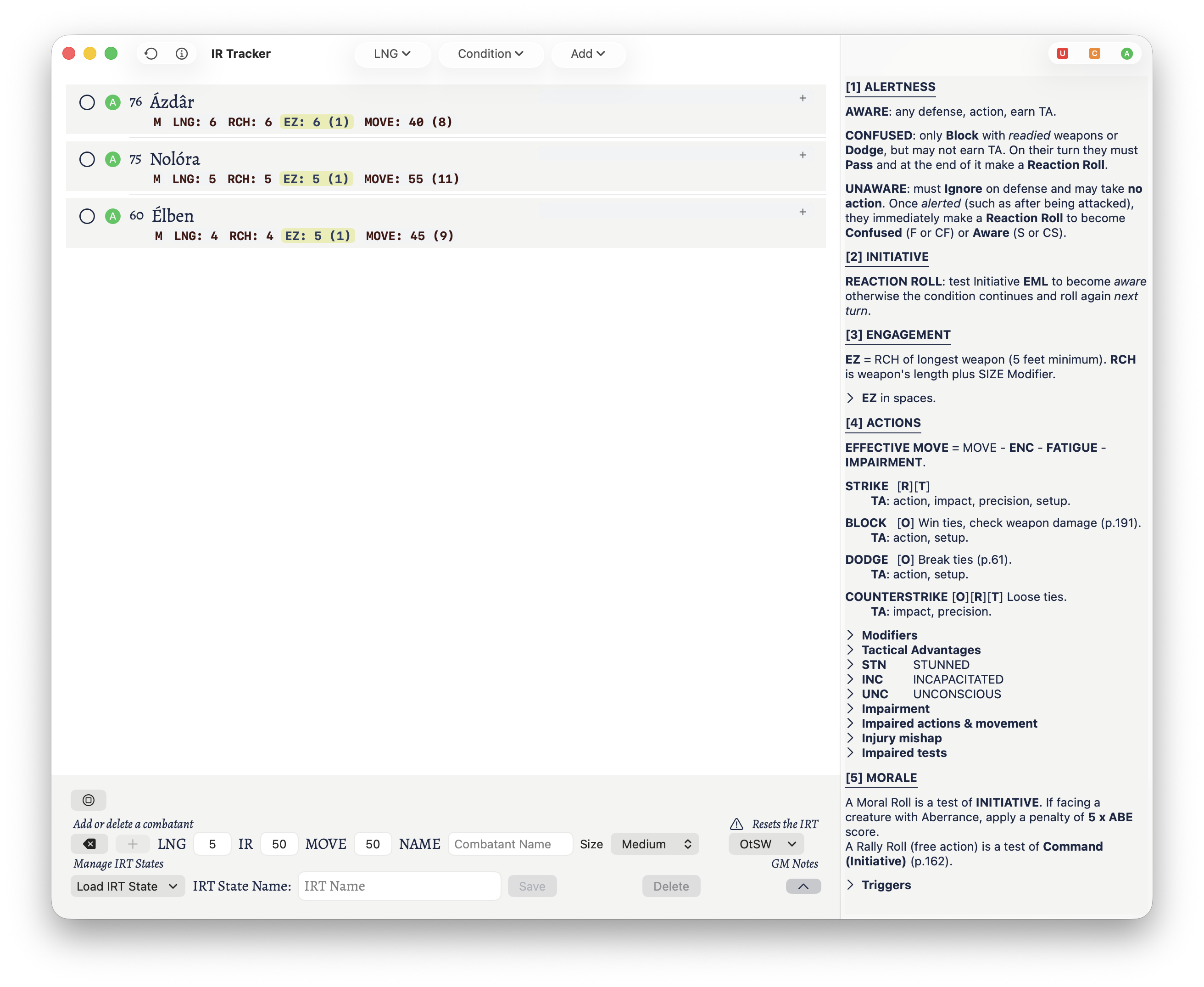The Initiative Rating Tracker with only the characters from the 'On the Silver Way' adventure.
