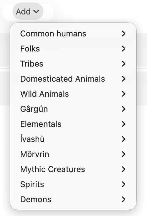 The Initiative Rating Tracker with the quick entry menu open showing the various categories of opponents.