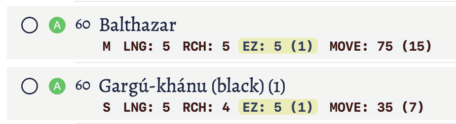 Example of two combatants information.