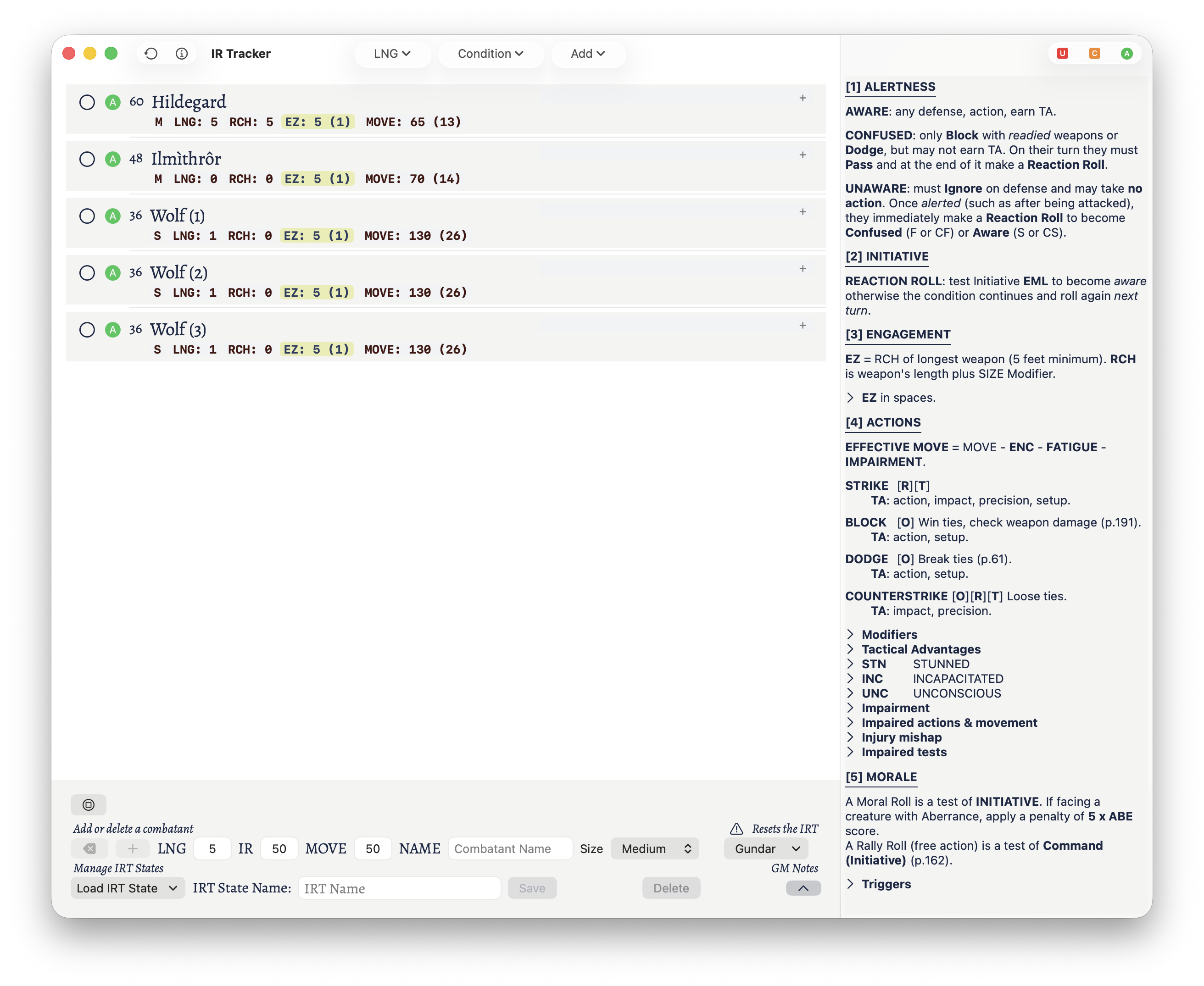 The Initiative Rating Tracker showing characters and 3 wolves.