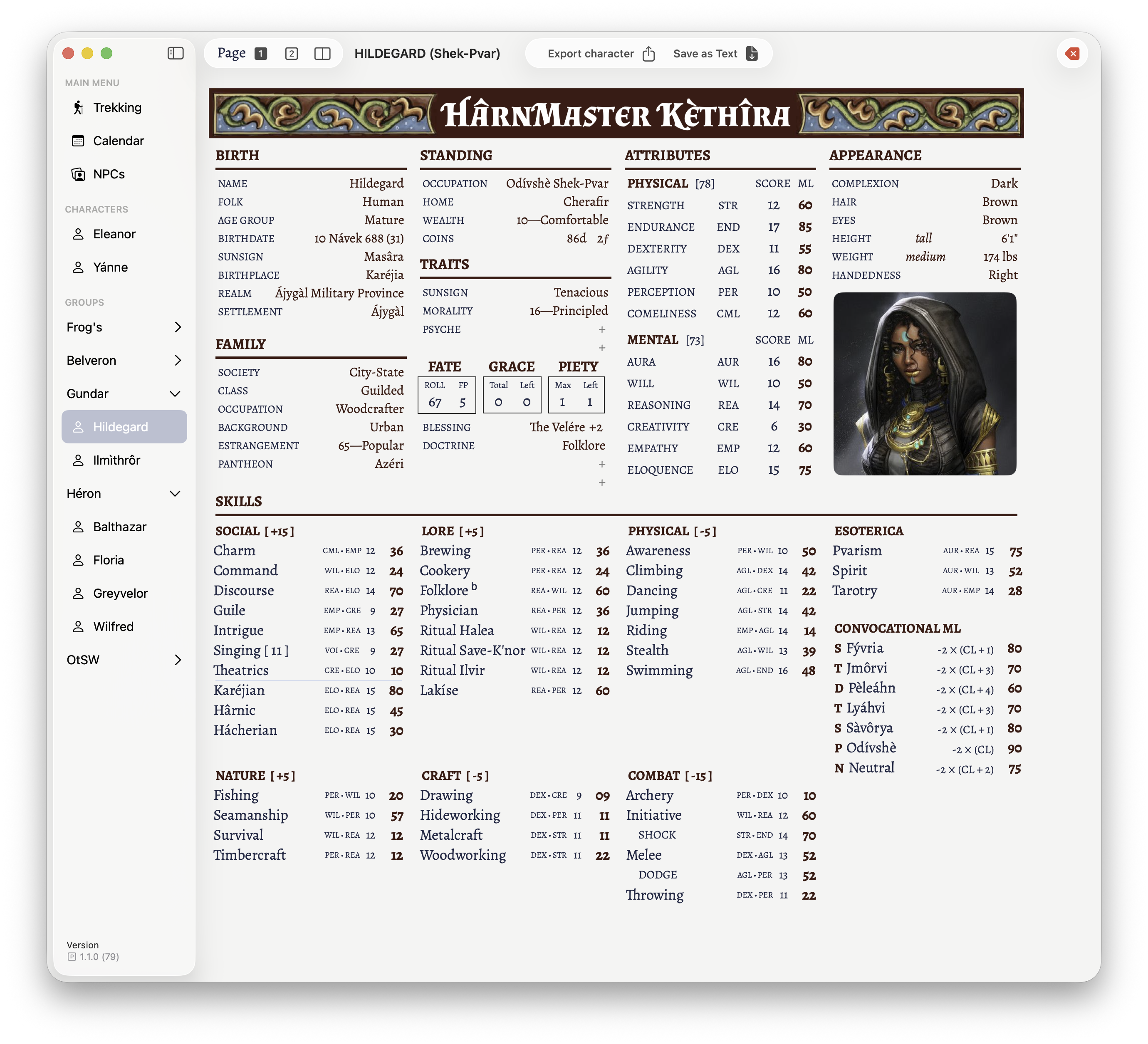 The first page of a character named Hildegard who is an Odívshè Shèk-Pvâr.