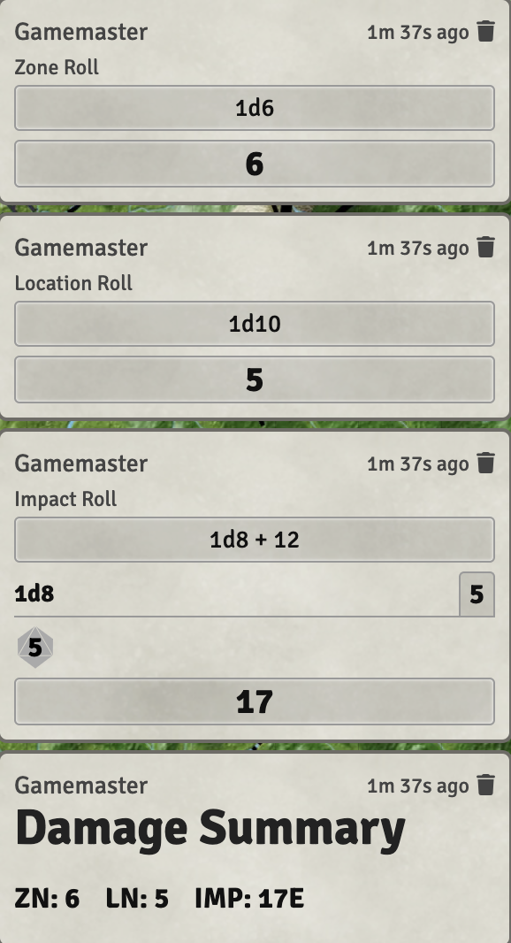 The results of the zone, location, and impact rolls.