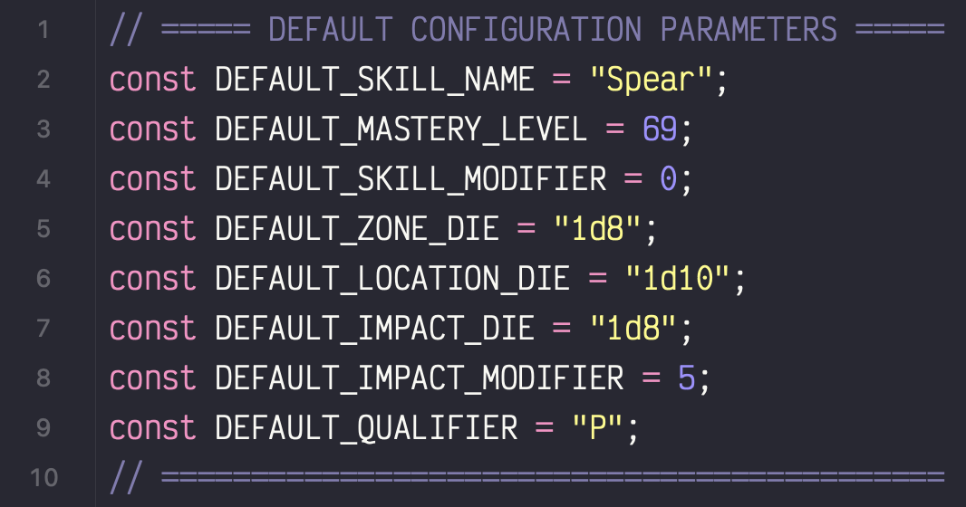 The defaults parameters in the combat macro.
