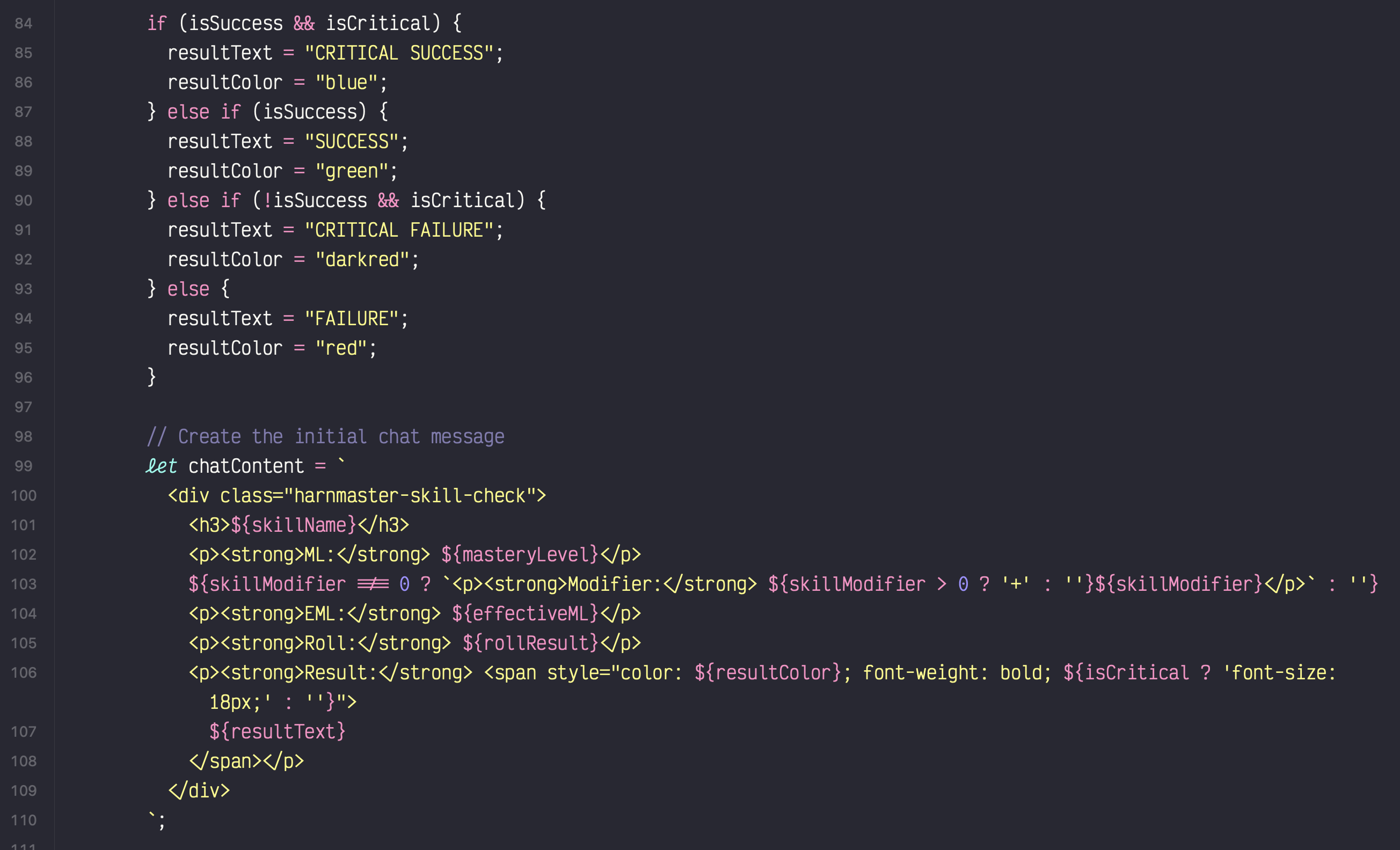 Part of the code, in javascript, for the attack macro for FoundryVTT.