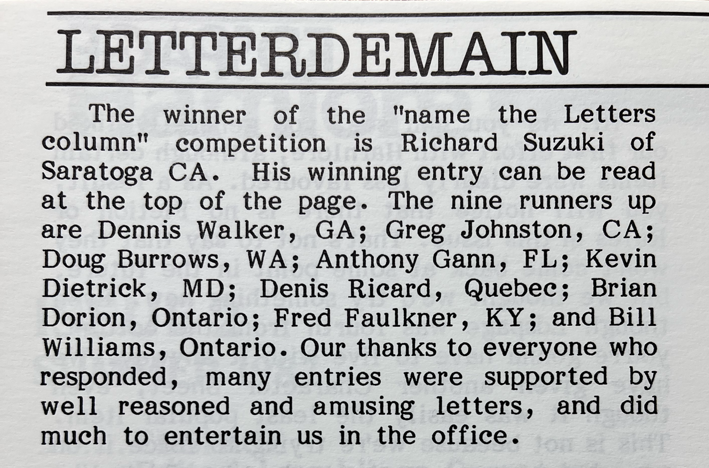 A picture of the Letterdemain section of HarnLore 2 where the names of the winner and runners-up are listed, with mine in there.