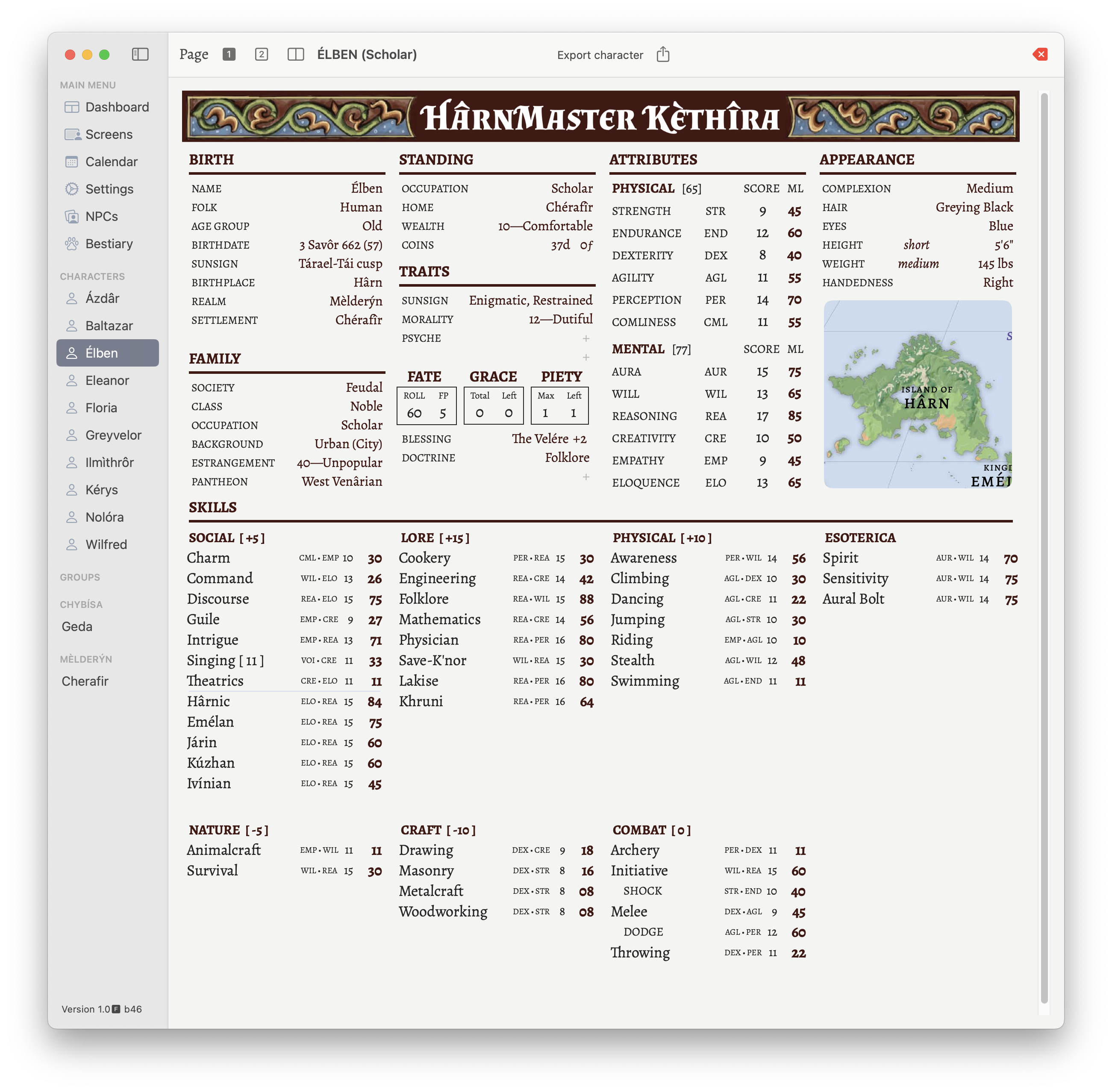 An example of a character sheet.