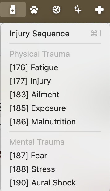 The Injuries menu.