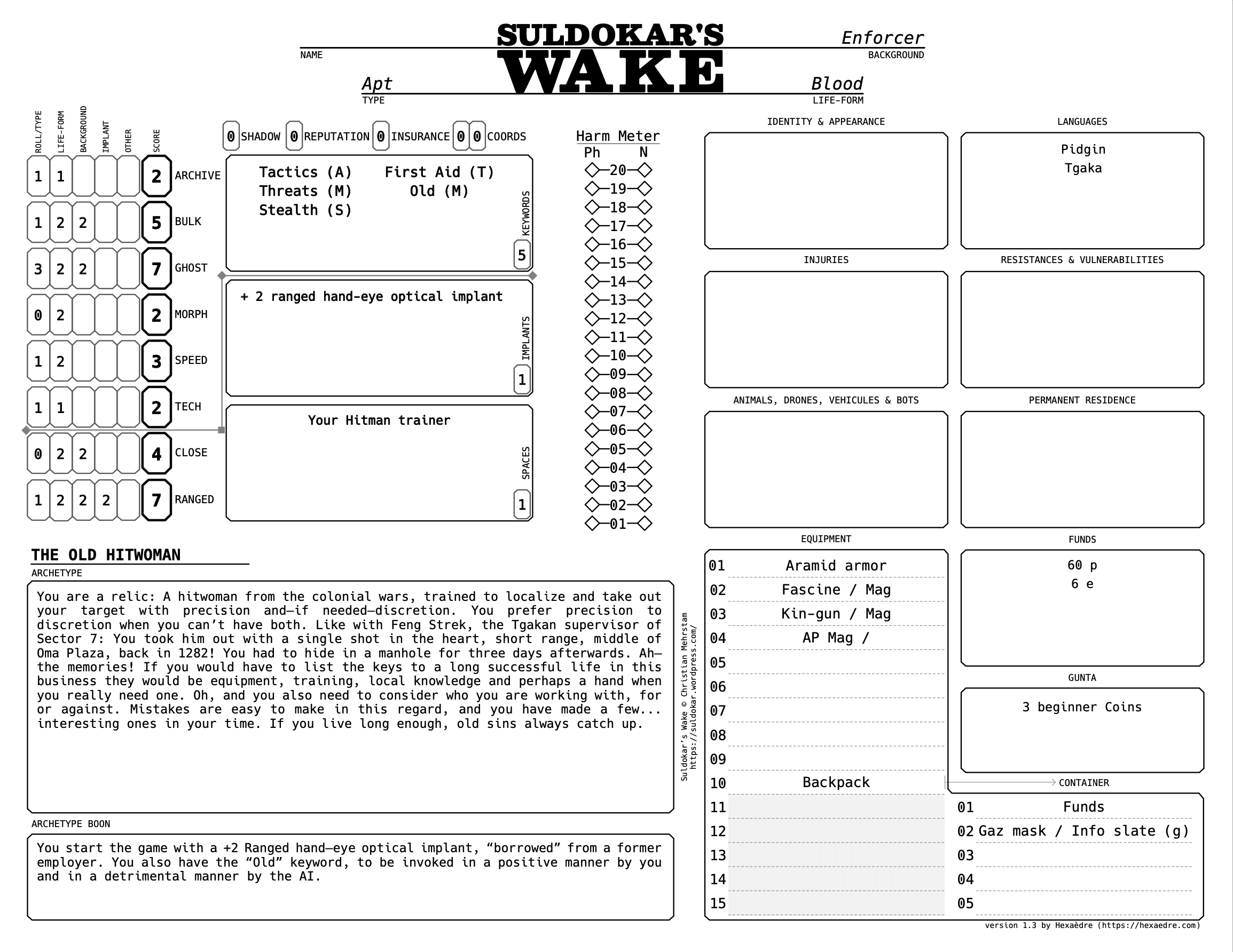 Nira the Hitwoman character sheet