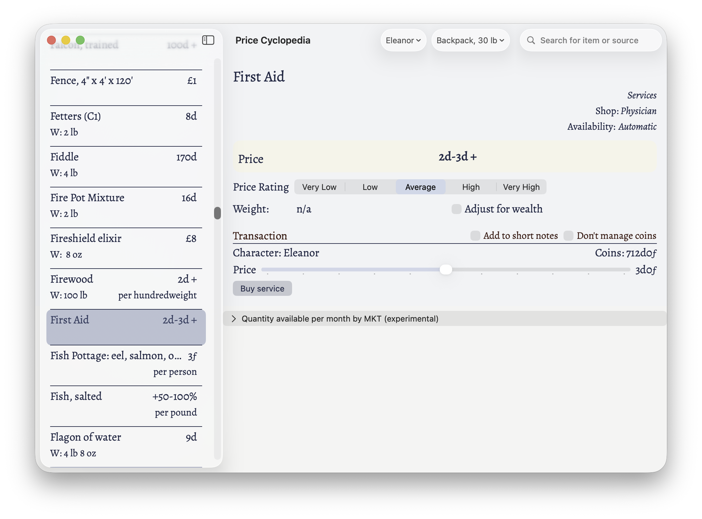 The Price Cyclopedia window showing a first aid service.