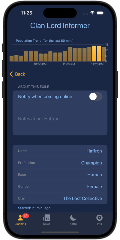 Image of the detailed view for an exile, showing the data from the server as well as a switch to enable notifications and a textfield to enter notes.