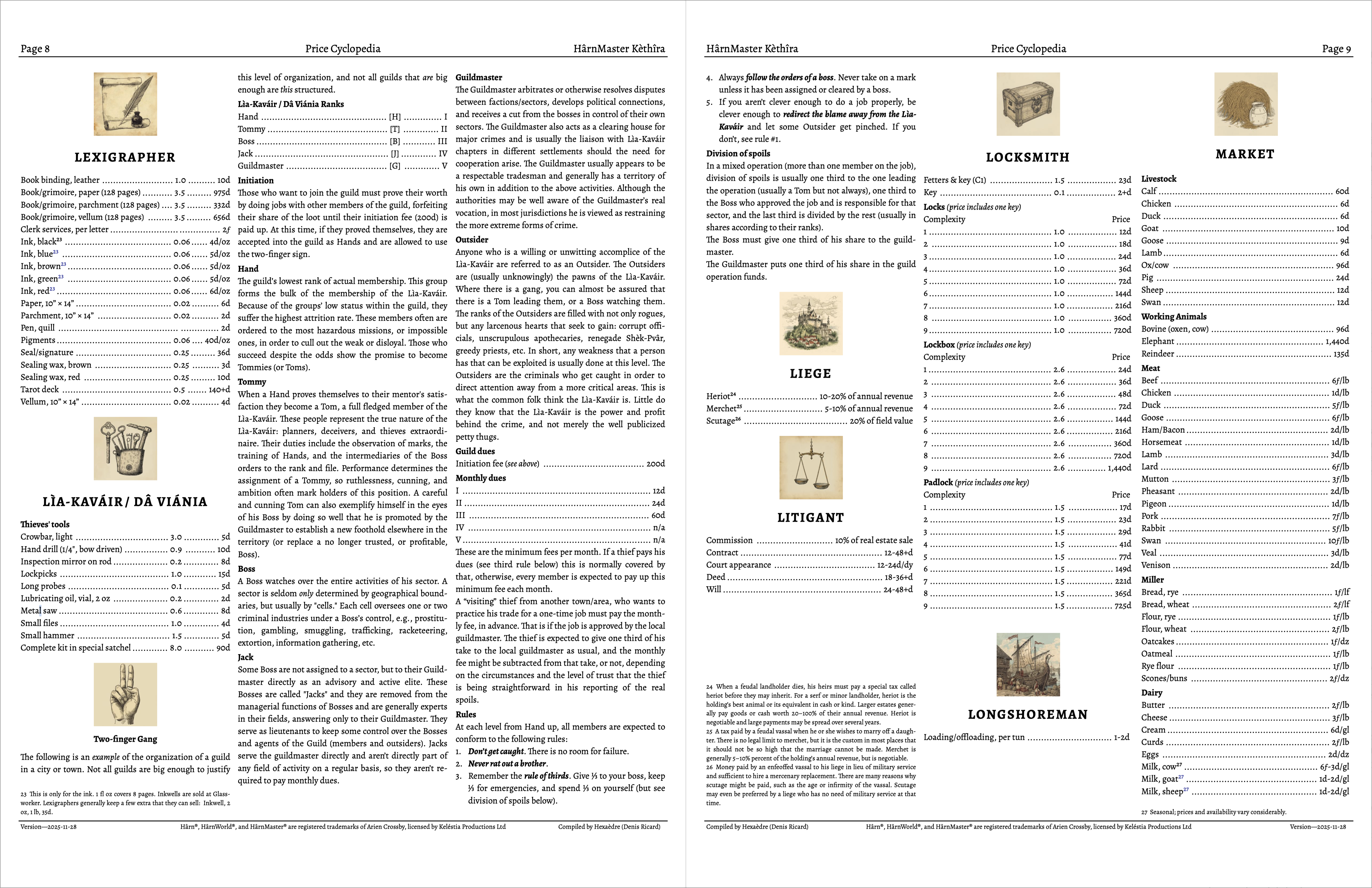 Two-page spread of the Price Cyclopedia showing the Lia-Kavair (thieves guild) entry and the example Two-Finger Gang.