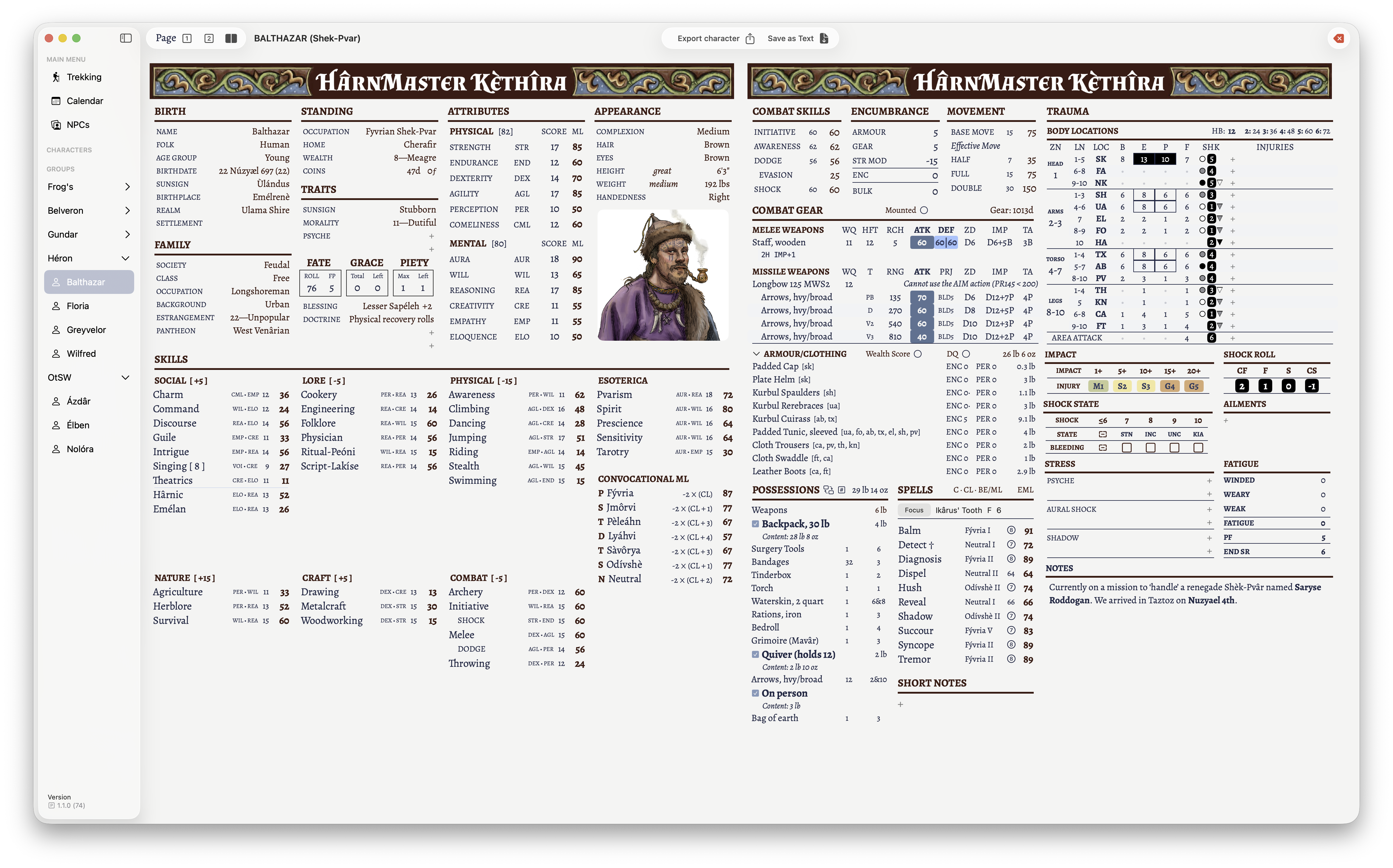 The first page of the character sheet for a Shèk-Pvâr character (the mages of HarnMaster Kethira) named Balthazar.