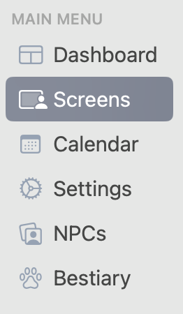 A portion of the sidebar showing additional items, like GM screens and Bestiary.