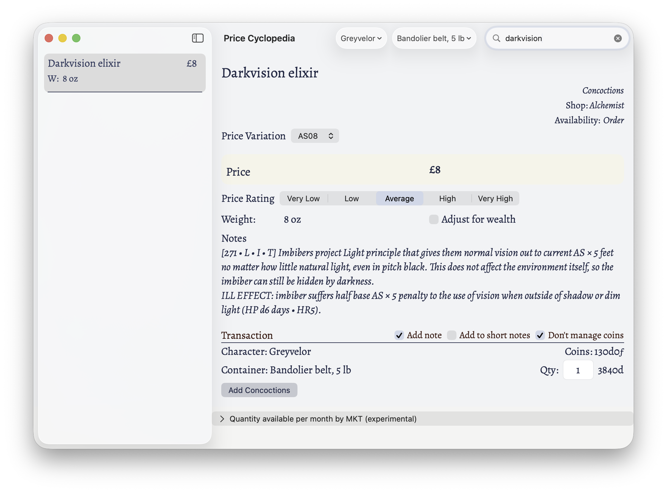 The Price Cyclopedia window showing adding an AS8 Darkvision elixir.